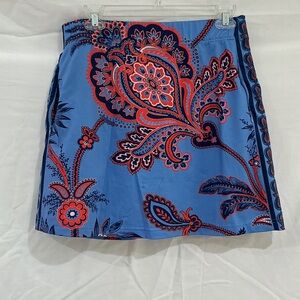 Gretchen Scott Designs Blue Mini Skirt with Red and Navy Paisley Motif